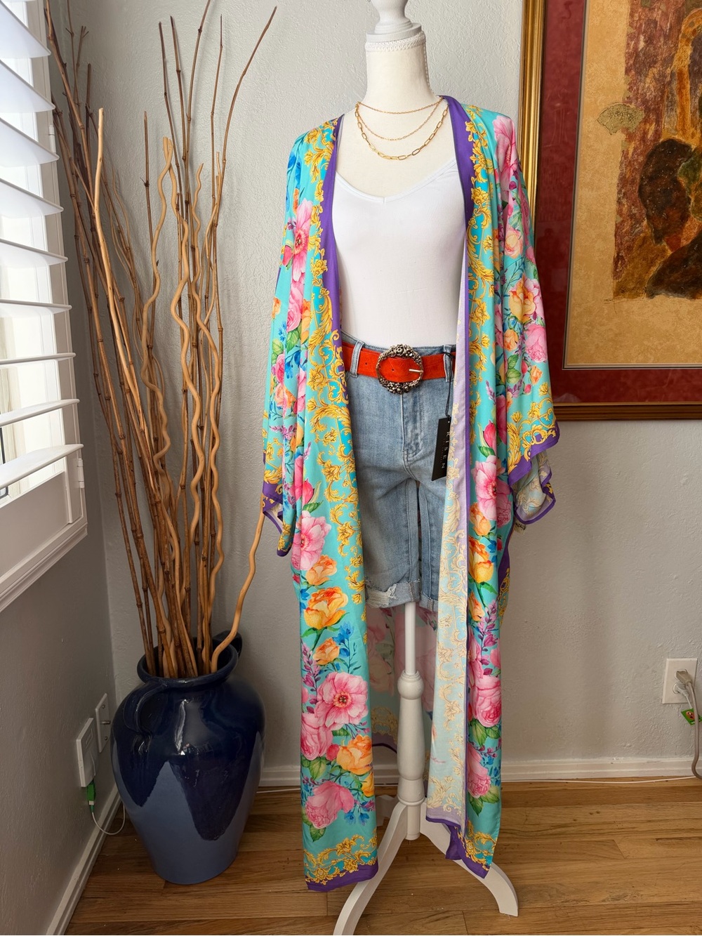 NWT Aratta Blossom Aqua Floral Kimono with Purple Trim Boho Chic OS